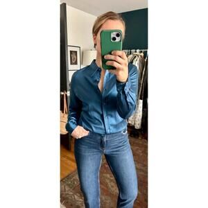 Vintage 90's Silk Jewel Tone Blue Long Sleeve Button Down Blouse Size Medium